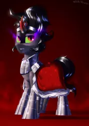 Size: 2200x3100 | Tagged: safe, artist:shido-tara, derpibooru import, king sombra, crystal pony, armor, cloak, clothes, commission, commissioner:reversalmushroom, glowing eyes, image, looking at you, png, simple background, sombra eyes
