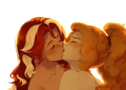 Size: 1162x836 | Tagged: suggestive, artist:stummm, derpibooru import, adagio dazzle, sunset shimmer, equestria girls, blushing, eyes closed, female, image, kissing, lesbian, nudity, png, shipping, simple background, sunsagio, white background