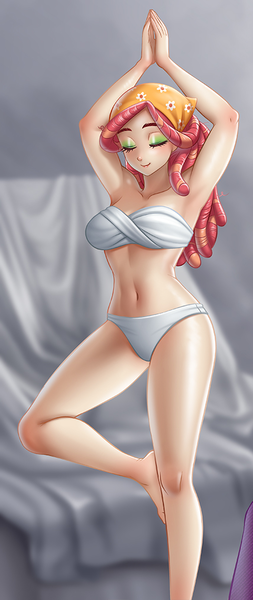 Size: 428x1015 | Tagged: suggestive, alternate version, artist:racoonsan, derpibooru import, tree hugger, human, equestria girls, armpits, bare shoulders, barefoot, bra, breasts, busty tree hugger, cleavage, clothes, cropped, eyes closed, eyeshadow, feet, female, hippie, human coloration, humanized, image, legs, makeup, model, modeling, panties, png, pose, sexy, smiling, solo, solo female, studio, twist bandeau, underwear, white underwear