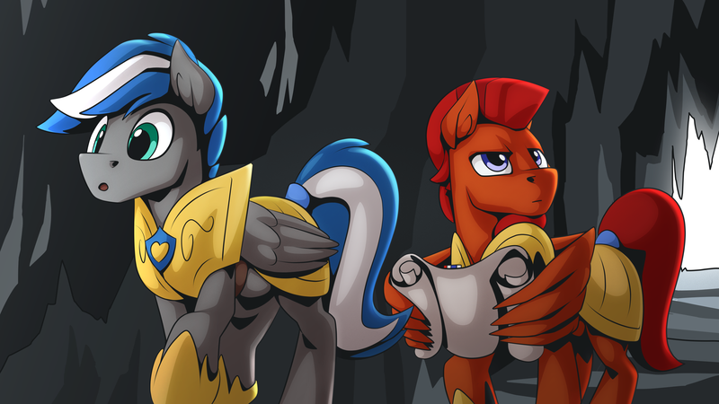 Size: 2560x1440 | Tagged: safe, artist:mysticalpha, derpibooru import, oc, oc:captain sunride, oc:cloud zapper, unofficial characters only, pegasus, pony, armor, cave, image, male, pegasus oc, png, royal guard, royal guard armor, stallion, wings