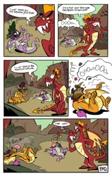 Size: 1024x1610 | Tagged: safe, artist:tacokatto, derpibooru import, garble, smolder, spike, dragon, sweet and smoky, blackface, comic, dizzy, faint, image, jpeg, knocked out, oops, tongue out, trio