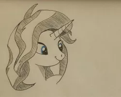 Size: 1742x1404 | Tagged: safe, artist:polar_storm, derpibooru import, sunset shimmer, pony, unicorn, blue eyes, bust, female, image, jpeg, mare, monochrome, neo noir, partial color, simple background, smiling, solo, traditional art, white background
