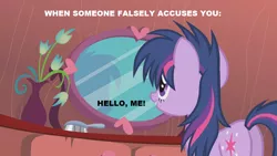 Size: 1280x720 | Tagged: safe, derpibooru import, edit, edited screencap, screencap, twilight sparkle, pony, unicorn, bridle gossip, bed mane, brush, brushie, brushing, butt, female, image, mare, messed up hair, messy mane, mirror, plot, png, reflection, solo, text, twibutt, unicorn twilight