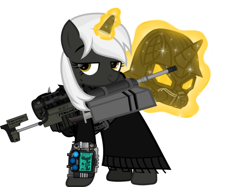 Size: 1267x1036 | Tagged: safe, artist:lincolnbrewsterfan, derpibooru import, oc, oc:psalm, unofficial characters only, pony, unicorn, fallout equestria, fallout equestria: project horizons, .svg available, bedroom eyes, belt, clothes, coat, delta pipbuck, derpibooru exclusive, fanfic art, female, glow, glowing horn, gun, gun holster, helmet, horn, image, jacket, lidded eyes, magic, magic glow, mare, nudity, penance (psalm's rifle), pipbuck, png, relentless sorrow (psalm's handgun), rifle, sheath, show accurate, simple background, smiling, smiling at you, sniper, sniper rifle, solo, sword, transparent background, trenchcoat, unicorn oc, vector, weapon