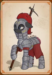 Size: 700x1020 | Tagged: safe, artist:soulfulmirror, derpibooru import, oc, oc:soulful mirror, earth pony, pony, armor, bags under eyes, bec de corbin, floppy ears, gambeson, hammer, helmet, image, pauldron, png, ponysona, solo, war hammer, weapon