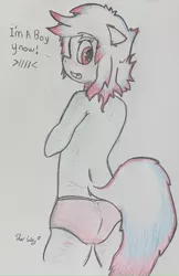 Size: 1596x2463 | Tagged: safe, artist:star lily, derpibooru import, oc, oc:star lily, anthro, ass, blushing, butt, clothes, femboy, image, male, mistaken gender, panties, png, solo, traditional art, underwear