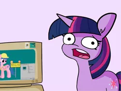 Size: 1984x1500 | Tagged: safe, artist:tjpones, derpibooru import, edit, firefly, twilight sparkle, pony, derpibooru, april fools 2020, computer, crt monitor, energy star, exploitable meme, image, meme, meta, microsoft, monitor, png, twilight's computer, under construction, windows, windows 98