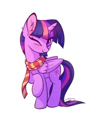 Size: 800x1000 | Tagged: safe, artist:lollipony, derpibooru import, twilight sparkle, twilight sparkle (alicorn), alicorn, pony, clothes, cute, ear fluff, eye clipping through hair, female, folded wings, image, looking at you, mare, one eye closed, png, raised hoof, scarf, signature, simple background, smiling, solo, standing, striped scarf, transparent background, twiabetes, wings, wink