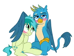 Size: 1400x1050 | Tagged: safe, artist:melonmilk, derpibooru import, gallus, sandbar, earth pony, gryphon, pony, blushing, cute, derpibooru exclusive, gallabetes, gallbar, gay, hug, image, male, png, sandabetes, shipping, show accurate, winghug, wings