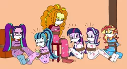 Size: 2297x1255 | Tagged: safe, artist:bugssonicx, derpibooru import, adagio dazzle, aria blaze, sonata dusk, starlight glimmer, sunset shimmer, twilight sparkle, equestria girls, ariasub, bondage, bound and gagged, cloth gag, clothes, female, femsub, footed sleeper, footie pajamas, gag, image, kidnapped, nightgown, onesie, otn gag, over the nose gag, pajamas, png, pole tied, rope, rope bondage, socks, sonatasub, stocking feet, subdagio, sublight glimmer, submissive, subset, the dazzlings, tied to chair, tied up, twisub