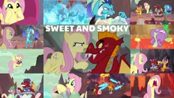 Size: 1968x1109 | Tagged: safe, derpibooru import, edit, edited screencap, editor:quoterific, screencap, baby cinder, baby pinpoint, baby rubble, baby sparks, baby stomp, billy (dragon), clump, fluttershy, fume, garble, princess ember, smolder, spear (dragon), spike, dragon, pegasus, pony, sweet and smoky, angry, baby, baby dragon, covering, crying, dragoness, ducking, egg, eyes closed, female, firebreathing, hooves on cheeks, image, lava, male, open mouth, png, puppy dog eyes, sitting, tears of pain, winged spike