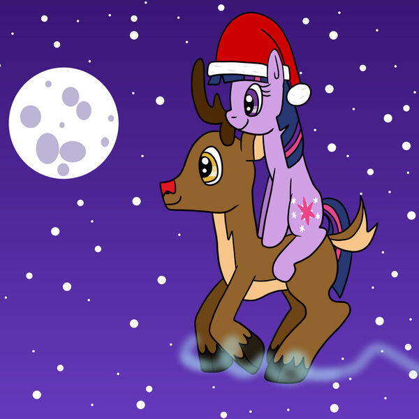 Size: 1280x1280 | Tagged: safe, artist:platinumdrop, derpibooru import, twilight sparkle, deer, pony, reindeer, unicorn, christmas, flying, hat, holiday, image, jpeg, magic, moon, night, request, riding, rudolph the red nosed reindeer, santa hat, stars, unicorn twilight