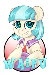 Size: 825x1275 | Tagged: safe, artist:hobbes-maxwell, derpibooru import, coco pommel, earth pony, pony, accessories, badge, cocobetes, cute, female, hat, heart eyes, image, jpeg, neckerchief, simple background, solo, waifu, waifu badge, white background, wingding eyes