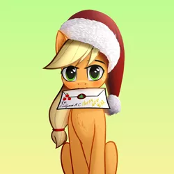Size: 3000x3000 | Tagged: safe, alternate version, artist:colourwave, derpibooru import, applejack, pony, christmas, cute, cyrillic, delivery, happy new year, hat, holiday, image, jackabetes, letter, letter in mouth, merry christmas, png, santa hat, sitting