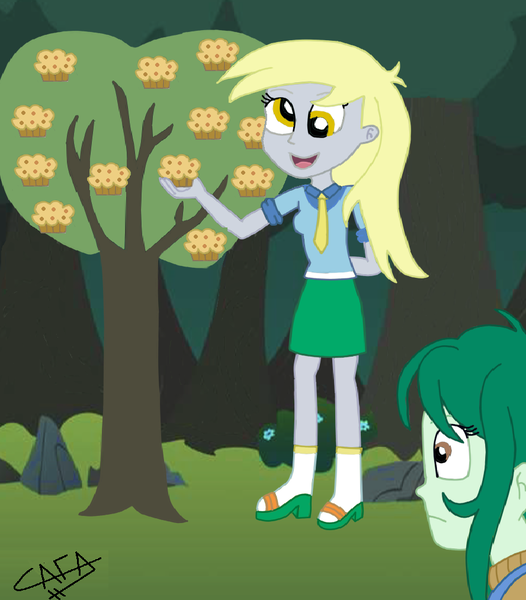 Size: 888x1013 | Tagged: safe, artist:cafakero, derpibooru import, derpy hooves, wallflower blush, equestria girls, derpy being derpy, disbelief, duo, female, food, forest, image, muffin, open mouth, png, smiling, tree