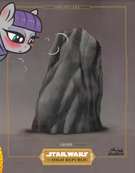 Size: 729x936 | Tagged: safe, artist:t72b, derpibooru import, maud pie, earth pony, pony, blushing, ear blush, image, png, rock, shitposting, solo, star wars, star wars: the high republic, that pony sure does love rocks, wat