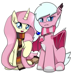 Size: 1400x1400 | Tagged: safe, artist:truffle shine, derpibooru import, oc, oc:bipen, oc:zoey nano, unofficial characters only, bat pony, unicorn, derpibooru community collaboration, 2021 community collab, clothes, derpibooru exclusive, duo, female, hairpin, horn, image, looking at you, not fluttershy, png, scarf, side by side, simple background, transparent background, wings