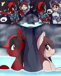 Size: 2000x2500 | Tagged: suggestive, artist:rice, derpibooru import, oc, oc:red pone, unofficial characters only, pony, semi-anthro, clothes, comic, female, hot springs, image, male, mare, png, red and black oc, slime