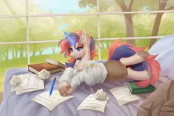 Size: 1349x900 | Tagged: safe, artist:margony, derpibooru import, oc, oc:lulu lone, unofficial characters only, pony, unicorn, bed, bedroom, book, clothes, image, indoors, levitation, magic, paper, png, solo, telekinesis, tree, unshorn fetlocks, window, writing