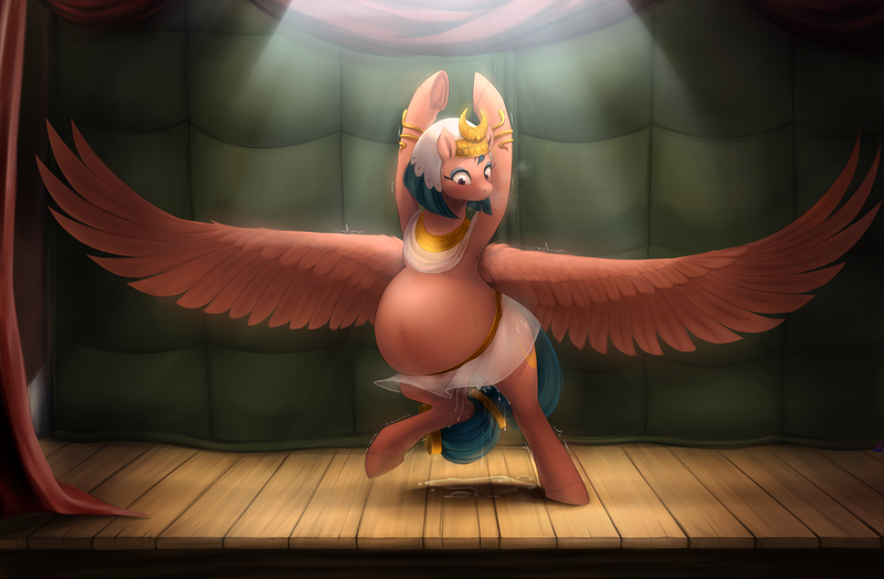 Size: 3507x2295 | Tagged: questionable, alternate version, artist:nsfwbonbon, derpibooru import, somnambula, pegasus, pony, amniotic fluid, belly, belly dancer, birth, commission, dancing, female, image, imminent birth, labor, png, pregnant, solo, solo female, stage, sweat