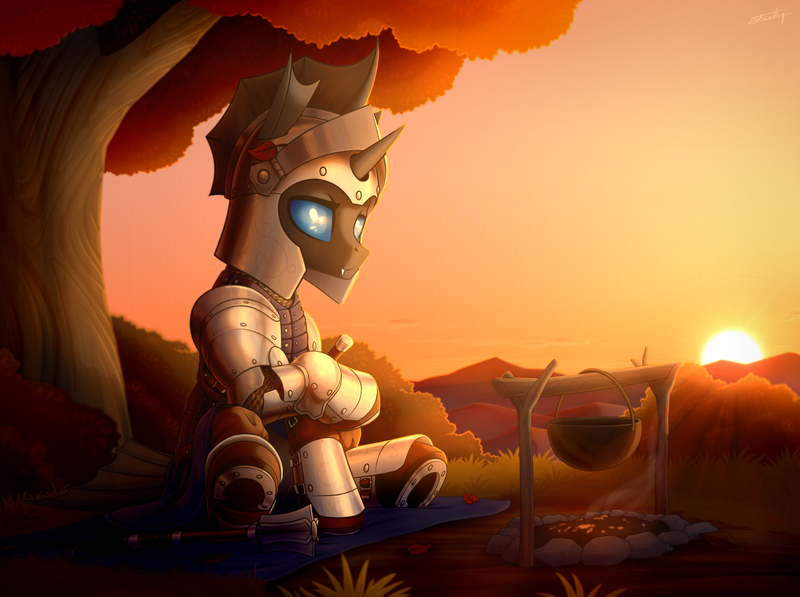 Size: 3938x2937 | Tagged: safe, artist:dipfanken, derpibooru import, oc, oc:captain black lotus, unofficial characters only, changeling, armor, changeling oc, fire, high res, image, png, pot, scenery, sitting, sunrise, tree, underhoof