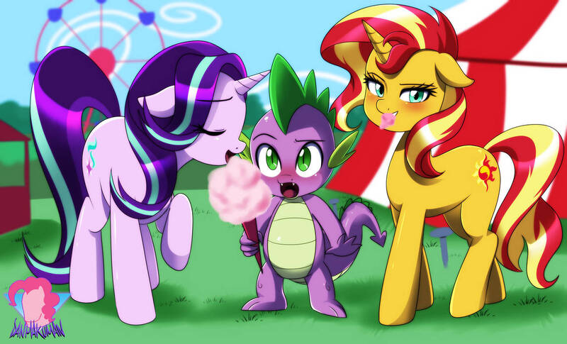 Size: 1148x696 | Tagged: safe, artist:danmakuman, derpibooru import, spike, starlight glimmer, sunset shimmer, dragon, pony, unicorn, blushing, carnival, commission, cotton candy, eating, eyes closed, female, floppy ears, food, group, image, jpeg, male, open mouth, shipping, sparlight, spike gets all the mares, straight, suggestive eating, sunsetspike, trio