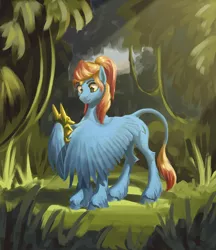 Size: 3320x3847 | Tagged: safe, artist:kirillk, derpibooru import, oc, oc:merrifeather, unofficial characters only, pegasus, pony, figure, gold, gradient mane, gradient tail, grass, image, jpeg, jungle, leonine tail, looking at something, smiling, solo, two toned mane, two toned tail, unshorn fetlocks, wing hands, wing hold, wings