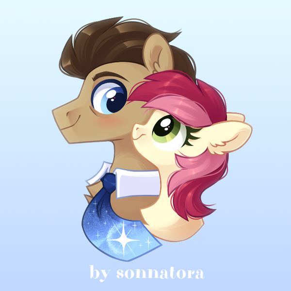 Size: 696x696 | Tagged: safe, artist:sonnatora, derpibooru import, doctor whooves, roseluck, time turner, earth pony, pony, doctorrose, female, image, male, png, shipping, straight