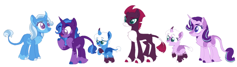 Size: 1280x366 | Tagged: safe, artist:winter-crispy, derpibooru import, starlight glimmer, tempest shadow, trixie, oc, oc:hocus, oc:pocus, oc:star catcher, classical unicorn, pony, unicorn, base used, cloven hooves, colt, family, female, filly, image, leonine tail, lesbian, magical lesbian spawn, male, missing cutie mark, offspring, outline, parent:starlight glimmer, parent:tempest shadow, parent:trixie, parents:startrix, parents:tempestglimmer, parents:tempestrix, png, polyamory, shipping, simple background, startrix, tempestglimmer, tempestrix, transparent background, unshorn fetlocks