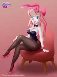 Size: 1280x1707 | Tagged: suggestive, artist:glamourpink, derpibooru import, angel wings, human, equestria girls, adorasexy, bow, bowtie, bracelet, breasts, bunny ears, bunny girl, bunny suit, bustier, chair, cleavage, clothes, crossed legs, cute, equestria girls-ified, female, hair bow, high heels, humanized, image, jewelry, jpeg, lipstick, pantyhose, sexy, shiny, shoes, sitting, solo, solo female, stiletto heels, we are going to hell