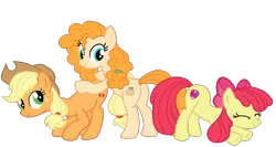 Size: 2192x1168 | Tagged: safe, artist:gmaplay, derpibooru import, apple bloom, applejack, pear butter, earth pony, pony, applejack's hat, bloom butt, bow, butt, butt touch, cowboy hat, eyes closed, female, hat, hoof on butt, image, plot, png, stretching, trio, trio female