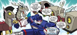 Size: 2761x1272 | Tagged: safe, artist:jack lawrence, derpibooru import, idw, discord, draconequus, robot, spoiler:comic, spoiler:friendship in disguise, spoiler:friendship in disguise03, cropped, friendship in disguise, image, png, roboticization, soundwave, transformers