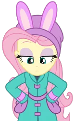 Size: 1738x2813 | Tagged: safe, artist:sketchmcreations, derpibooru import, fluttershy, equestria girls, equestria girls series, holidays unwrapped, spoiler:eqg series (season 2), blizzard or bust, bunny ears, clothes, coat, female, fluttershy is not amused, gloves, hands on hip, hat, image, looking down, mittens, png, simple background, toque, transparent background, unamused, vector, winter outfit