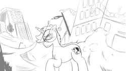 Size: 1920x1080 | Tagged: safe, artist:inky scroll, derpibooru import, oc, oc:inky scroll, pony, unicorn, destroyed building, image, looking at you, monochrome, png, sketch, solo, wasteland