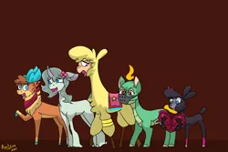 Size: 9472x6331 | Tagged: safe, artist:azulejo, derpibooru import, oleander (tfh), paprika paca, pom lamb, tianhuo, velvet reindeer, dragon, hybrid, longma, unicorn, them's fightin' herds, alternate timeline, alternate universe, black sheep, book, community related, female, image, muzzle, personality swap, png, pure oleander, unicornomicon