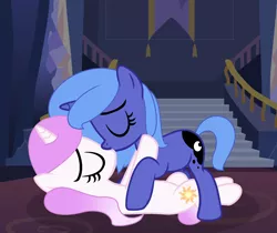 Size: 2224x1864 | Tagged: safe, artist:stellamoonshine, derpibooru import, princess celestia, princess luna, pony, unicorn, banner, cewestia, cute, cutie mark, eyes closed, female, filly, filly celestia, filly luna, image, incest, kissing, lesbian, lying down, pink-mane celestia, png, princest, royal sisters, s1 luna, shipping, siblings, sisters, stairs, woona, younger