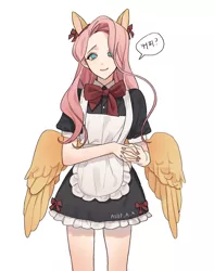 Size: 706x895 | Tagged: safe, artist:asdf_a_a, artist:rd_3024, derpibooru import, fluttershy, human, apron, bowtie, clothes, cute, dialogue, dress, eared humanization, female, fluttermaid, humanized, image, korean, looking at you, maid, moon runes, no pupils, png, shyabetes, simple background, solo, speech bubble, translation request, white background, winged humanization, wings