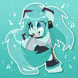 Size: 4000x4000 | Tagged: safe, artist:partylikeanartist, derpibooru import, ponified, earth pony, pony, abstract background, absurd resolution, clothes, eye clipping through hair, eyebrows, eyebrows visible through hair, female, hatsune miku, headset, image, microphone, necktie, open mouth, pigtails, png, shoes, solo, twintails, vocaloid