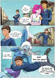 Size: 4961x7016 | Tagged: safe, artist:symptom99, derpibooru import, pinkie pie, trixie, oc, oc:copper plume, oc:mazin, comic:mistaken pie-dentity, equestria girls, backpack, blushing, bow, clothes, comic, commission, commissioner:imperfectxiii, female, freckles, geode of sugar bombs, glasses, glomp, hair bow, hoodie, hug, image, magical geodes, male, mistaken identity, pants, personal space invasion, png, shirt, skirt, sweatshirt