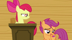 Size: 1280x720 | Tagged: safe, derpibooru import, screencap, apple bloom, scootaloo, earth pony, pegasus, pony, on your marks, season 6, animated, apple bloom is not amused, bow, bump, duo, duo female, eyes closed, female, filly, hair bow, image, reality ensues, talking, teeth, unamused, walking, webm