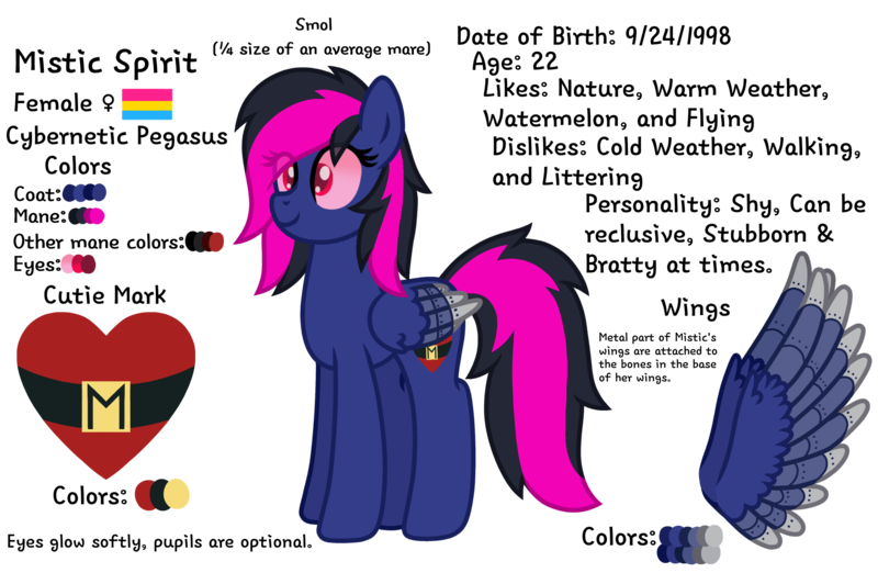 Size: 2400x1596 | Tagged: safe, artist:froyo15sugarblast, derpibooru import, oc, oc:mistic spirit, cyborg, original species, pegasus, pony, cutie mark, cybernetic eyes, cybernetic pony, cybernetic wings, eye clipping through hair, female, high res, image, mare, pansexual, pansexual pride flag, png, pride, pride flag, reference sheet, simple background, small pony, smol, solo, transparent background, wings