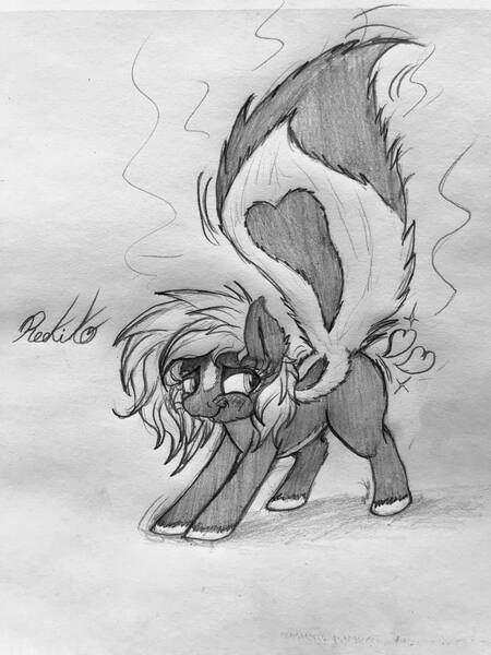 Size: 756x1008 | Tagged: safe, artist:reekosukanku, derpibooru import, oc, oc:reeko, pony, skunk, skunk pony, female, image, jpeg, mare, monochrome, raised tail, rule 63, smelly, solo, stink lines, tail, traditional art