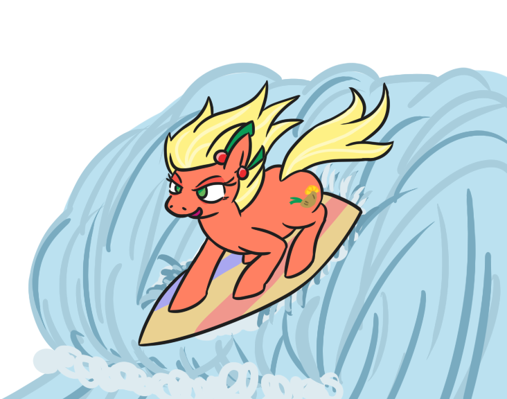 Size: 732x576 | Tagged: safe, artist:jargon scott, derpibooru import, oc, oc:bahama nectar, unofficial characters only, earth pony, pony, ear piercing, earring, female, image, jewelry, mare, open mouth, piercing, png, smiling, solo, surfboard, surfing, water, wave