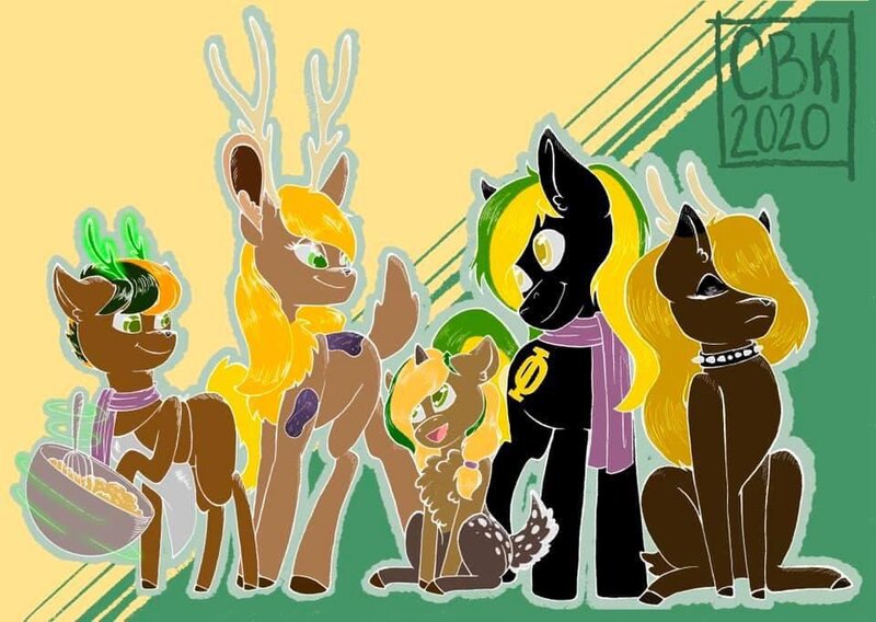 Size: 960x682 | Tagged: safe, artist:cbkdraws, derpibooru import, oc, oc:bada nevada, oc:vermont black, oc:veronica black, oc:vittaria black, oc:vladimir black, unofficial characters only, deer, deer pony, earth pony, original species, pony, antlers, apron, bowl, clothes, collar, family, group, image, jpeg, looking at each other, male, mixing bowl, phi, scarf, sitting, spiked collar, stallion