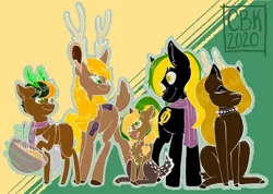 Size: 960x682 | Tagged: safe, artist:cbkdraws, derpibooru import, oc, oc:bada nevada, oc:vermont black, oc:veronica black, oc:vittaria black, oc:vladimir black, unofficial characters only, deer, deer pony, earth pony, original species, pony, antlers, apron, bowl, clothes, collar, family, group, image, jpeg, looking at each other, male, mixing bowl, phi, scarf, sitting, spiked collar, stallion