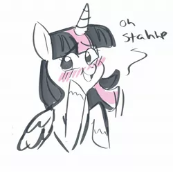 Size: 2048x2048 | Tagged: safe, artist:cosmicrewinds, derpibooru import, twilight sparkle, twilight sparkle (alicorn), alicorn, pony, blushing, bust, cute, dialogue, female, high res, image, jpeg, mare, oh stop it you, oh you, partial color, reaction image, simple background, solo, stahp, twiabetes, unshorn fetlocks, white background