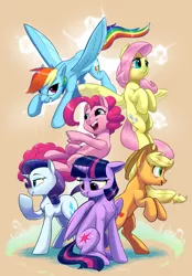 Size: 2850x4100 | Tagged: safe, artist:silverhopexiii, derpibooru import, applejack, fluttershy, pinkie pie, rainbow dash, rarity, twilight sparkle, alicorn, earth pony, pegasus, unicorn, applejack's hat, chest fluff, cowboy hat, floppy ears, flying, happy birthday mlp:fim, hat, image, mane six, mlp fim's tenth anniversary, open mouth, png, simple background, tan background