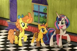 Size: 3257x2164 | Tagged: safe, artist:magicnova, derpibooru import, princess flurry heart, pumpkin cake, oc, oc:starfire blaze, alicorn, pony, unicorn, amputee, bag, blaze (coat marking), bow, bush, colt, column, complex background, derpibooru exclusive, eye scar, female, grass, hallway, happy, image, jewelry, jpeg, male, mare, offspring, older, older flurry heart, older pumpkin cake, parent:starlight glimmer, parent:sunburst, parents:starburst, princess celestia's school for gifted unicorns, prosthetic leg, prosthetic limb, prosthetics, regalia, saddle bag, scar, school, smiling, socks (coat marking), teenager, traditional art, tree, window, younger