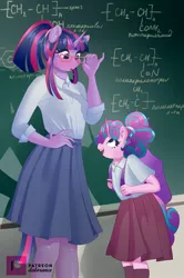 Size: 848x1280 | Tagged: safe, artist:xjenn9, derpibooru import, princess flurry heart, twilight sparkle, alicorn, anthro, aunt and niece, backpack, chalkboard, chemistry, clothes, cute, female, flurrybetes, glasses, image, jpeg, ponytail, school uniform, shirt, skirt, socks