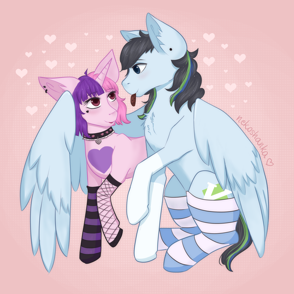 Size: 3000x3000 | Tagged: safe, artist:nekoshanka, derpibooru import, oc, oc:blinking cursor, oc:lukshana, pegasus, pony, unicorn, blue, clothes, collar, couple, cute, ear piercing, earring, female, femboy, fishnets, heart, holiday, image, jewelry, knee high socks, kneesocks, male, piercing, pink, png, punk, socks, striped socks, valentine's day